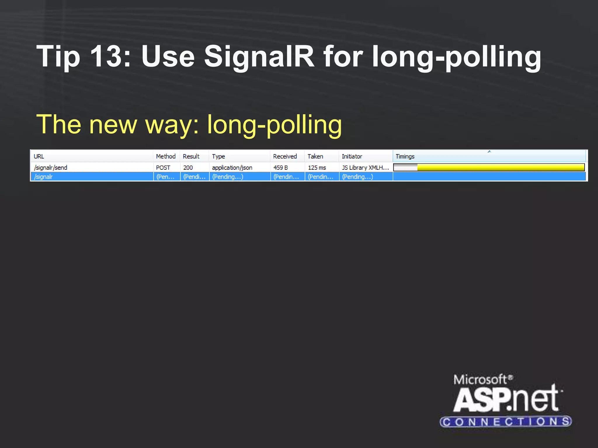 Tip 13: Use SignalR for long-polling The new way: long-polling 