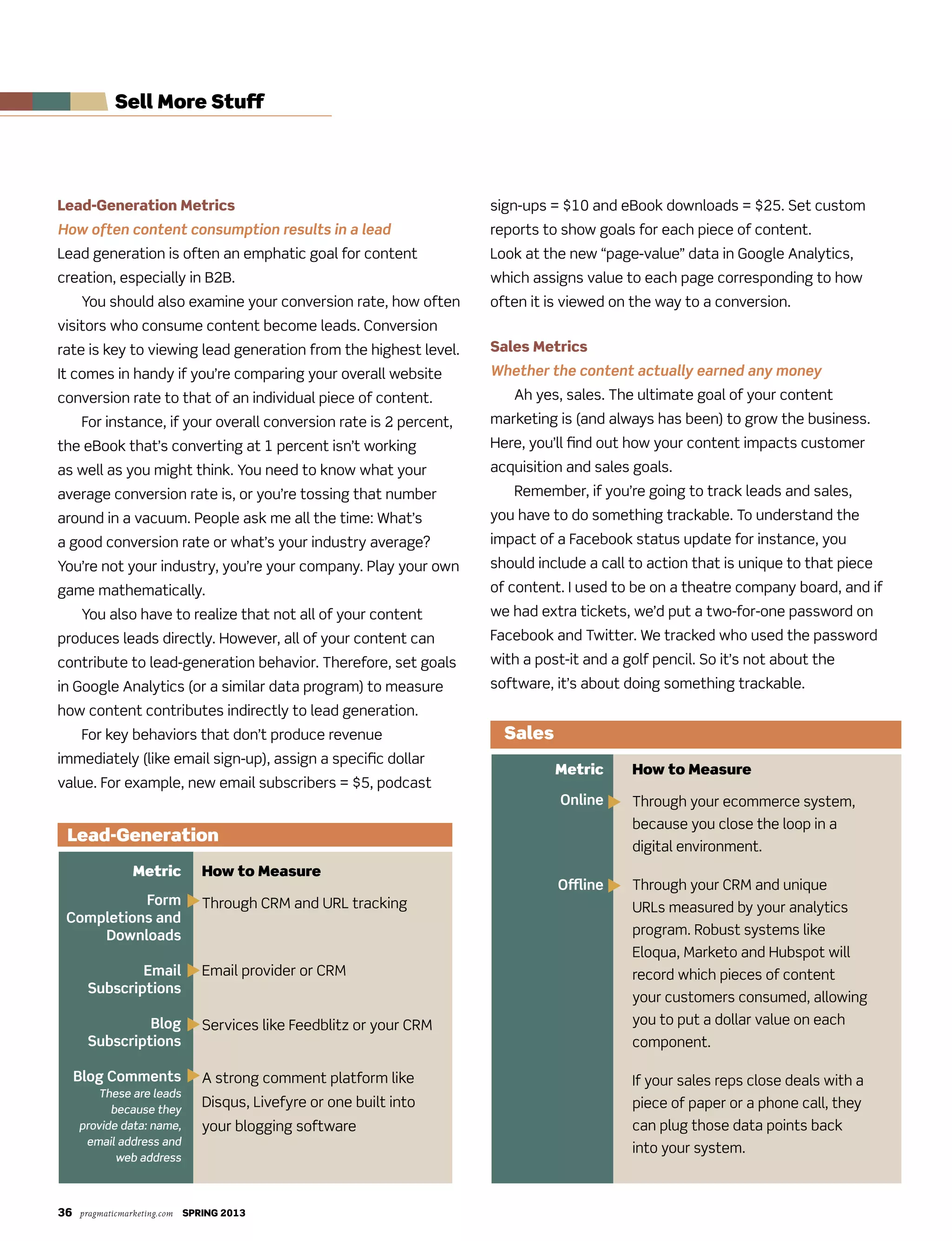 36 pragmaticmarketing.com SPRING 2013
Sell More Stuff
Lead-Generation Metrics
How often content consumption results in a lead
Lead generation is often an emphatic goal for content
creation, especially in B2B.
You should also examine your conversion rate, how often
visitors who consume content become leads. Conversion
rate is key to viewing lead generation from the highest level.
It comes in handy if you’re comparing your overall website
conversion rate to that of an individual piece of content.
For instance, if your overall conversion rate is 2 percent,
the eBook that’s converting at 1 percent isn’t working
as well as you might think. You need to know what your
average conversion rate is, or you’re tossing that number
around in a vacuum. People ask me all the time: What’s
a good conversion rate or what’s your industry average?
You’re not your industry, you’re your company. Play your own
game mathematically.
You also have to realize that not all of your content
produces leads directly. However, all of your content can
contribute to lead-generation behavior. Therefore, set goals
in Google Analytics (or a similar data program) to measure
how content contributes indirectly to lead generation.
For key behaviors that don’t produce revenue
immediately (like email sign-up), assign a specific dollar
value. For example, new email subscribers = $5, podcast
sign-ups = $10 and eBook downloads = $25. Set custom
reports to show goals for each piece of content.
Look at the new “page-value” data in Google Analytics,
which assigns value to each page corresponding to how
often it is viewed on the way to a conversion.
Sales Metrics
Whether the content actually earned any money
Ah yes, sales. The ultimate goal of your content
marketing is (and always has been) to grow the business.
Here, you’ll find out how your content impacts customer
acquisition and sales goals.
Remember, if you’re going to track leads and sales,
you have to do something trackable. To understand the
impact of a Facebook status update for instance, you
should include a call to action that is unique to that piece
of content. I used to be on a theatre company board, and if
we had extra tickets, we’d put a two-for-one password on
Facebook and Twitter. We tracked who used the password
with a post-it and a golf pencil. So it’s not about the
software, it’s about doing something trackable.
Metric
Form
Completions and
Downloads
Email
Subscriptions
Blog
Subscriptions
Blog Comments
These are leads
because they
provide data: name,
email address and
web address
How to Measure
Through CRM and URL tracking
Email provider or CRM
Services like Feedblitz or your CRM
A strong comment platform like
Disqus, Livefyre or one built into
your blogging software
Lead-Generation
Metric
Online
Offline
How to Measure
Through your ecommerce system,
because you close the loop in a
digital environment.
Through your CRM and unique
URLs measured by your analytics
program. Robust systems like
Eloqua, Marketo and Hubspot will
record which pieces of content
your customers consumed, allowing
you to put a dollar value on each
component.
If your sales reps close deals with a
piece of paper or a phone call, they
can plug those data points back
into your system.
Sales
 