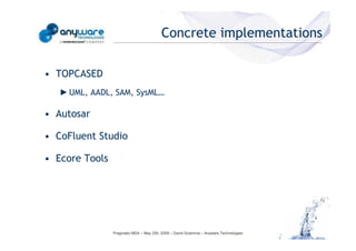 Concrete implementations

                                            • TOPCASED
                                               ► UML, AADL, SAM, SysML…

                                            • Autosar

                                            • CoFluent Studio
© Anyware Technologies-All Right Reserved




                                            • Ecore Tools




                                                            Pragmatic MDA – May 25h, 2009 – David Sciamma – Anyware Technologies
 