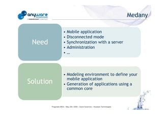 Medany

                                                                 • Mobile application
                                                                 • Disconnected mode
                                             Need                • Synchronization with a server
                                                                 • Administration
                                                                 •…
© Anyware Technologies-All Right Reserved




                                                                 • Modeling environment to define your
                                                                   mobile application
                                            Solution             • Generation of applications using a
                                                                   common core



                                                    Pragmatic MDA – May 25h, 2009 – David Sciamma – Anyware Technologies
 