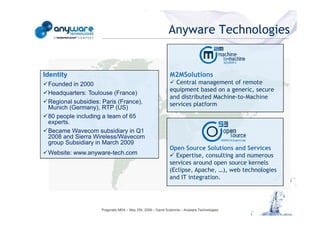 Anyware Technologies


                                            Identity                                                   M2MSolutions
                                             Founded in 2000                                             Central management of remote
                                                                                                       equipment based on a generic, secure
                                             Headquarters: Toulouse (France)
                                                                                                       and distributed Machine-to-Machine
                                             Regional subsidies: Paris (France),                       services platform
                                             Munich (Germany), RTP (US)
                                             80 people including a team of 65
                                             experts.
                                             Became Wavecom subsidiary in Q1
© Anyware Technologies-All Right Reserved




                                             2008 and Sierra Wireless/Wavecom
                                             group Subsidiary in March 2009
                                                                                                       Open Source Solutions and Services
                                             Website: www.anyware-tech.com                               Expertise, consulting and numerous
                                                                                                       services around open source kernels
                                                                                                       (Eclipse, Apache, …), web technologies
                                                                                                       and IT integration.




                                                                Pragmatic MDA – May 25h, 2009 – David Sciamma – Anyware Technologies
 