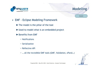 Modeling
                                                                                                                                        Model

                                            • EMF - Eclipse Modeling Framework
                                               ► The model is the pillar of the tool

                                               ► Used to model what is an embedded project

                                               ► Benefits from EMF
                                                   − Notifications
© Anyware Technologies-All Right Reserved




                                                   − Serialization

                                                   − Reflective API

                                                   − … all the incredible EMF tools (GMF, Validation, xPand…)



                                                              Pragmatic MDA – May 25h, 2009 – David Sciamma – Anyware Technologies
 