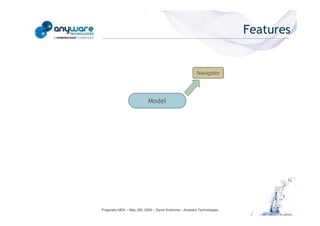 Features


                                                                                                   Navigator




                                                                       Model
© Anyware Technologies-All Right Reserved




                                            Pragmatic MDA – May 25h, 2009 – David Sciamma – Anyware Technologies
 