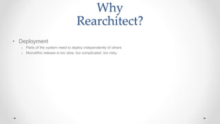 Why
Rearchitect?
• Deployment
o Parts of the system need to deploy independently of others
o Monolithic release is too slow, too complicated, too risky
 