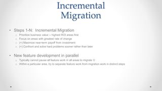 Incremental
Migration
• Steps 1-N: Incremental Migration
o Prioritize business value -- highest ROI areas first
o Focus on areas with greatest rate of change
o (+) Maximize near-term payoff from investment
o (+) Confront and solve hard problems sooner rather than later
• New feature development in parallel
o Typically cannot pause all feature work in all areas to migrate 
o Within a particular area, try to separate feature work from migration work in distinct steps
 