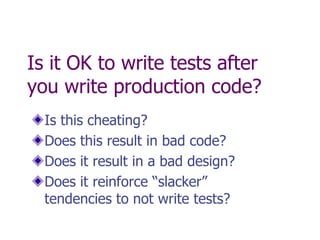 A Pragmatic Testing Cycle
 Code is only checked in with Valid Tests that verify
 that code works as expected (validate tes...