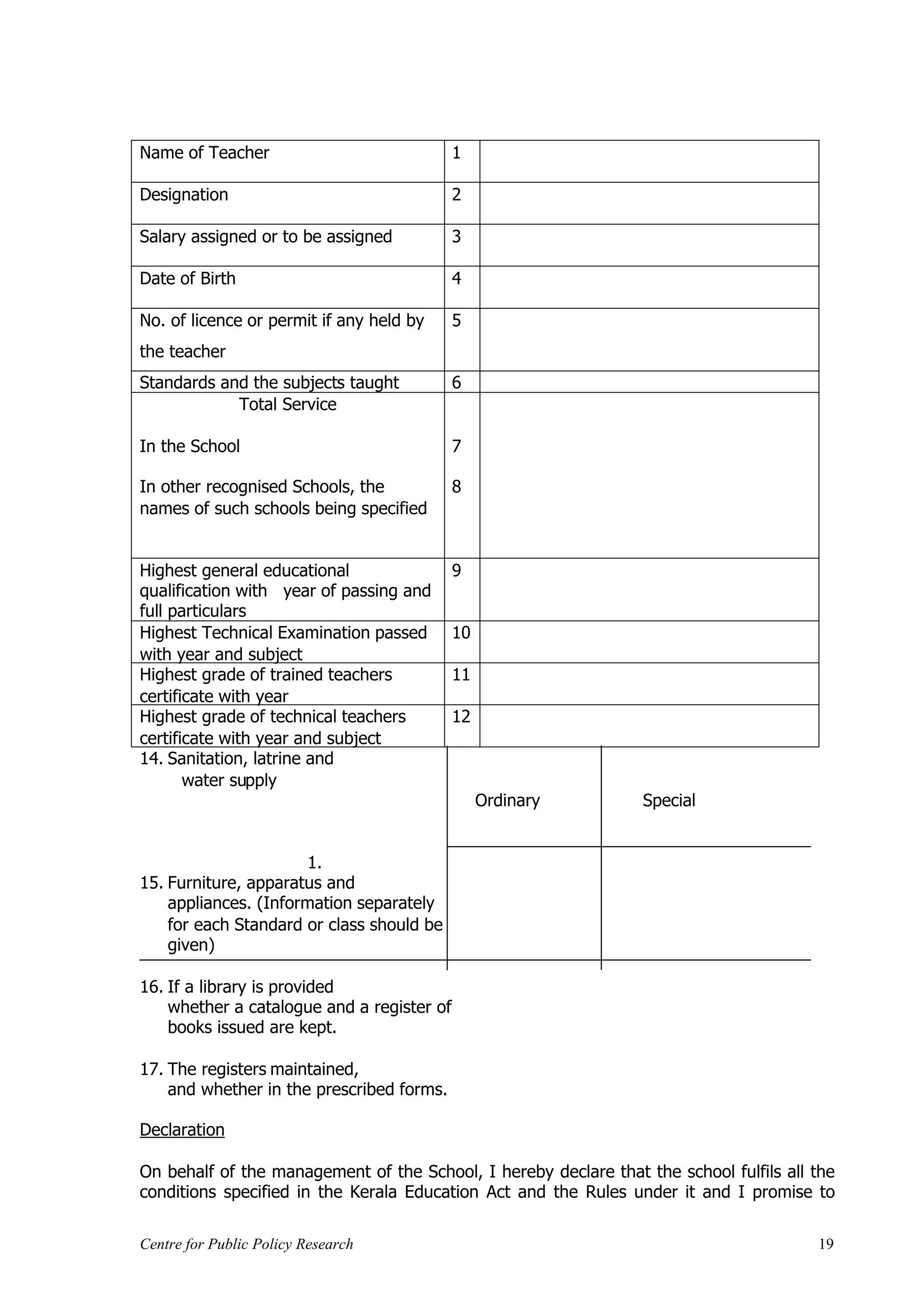 Name of Teacher                             1

Designation                                 2

Salary assigned or to be assigned           3

Date of Birth                               4

No. of licence or permit if any held by     5
the teacher
Standards and the subjects taught           6
            Total Service

In the School                               7

In other recognised Schools, the            8
names of such schools being specified


Highest general educational                 9
qualification with year of passing and
full particulars
Highest Technical Examination passed        10
with year and subject
Highest grade of trained teachers           11
certificate with year
Highest grade of technical teachers         12
certificate with year and subject
14. Sanitation, latrine and
       water supply
                                                 Ordinary        Special


                      1.
15. Furniture, apparatus and
    appliances. (Information separately
    for each Standard or class should be
    given)

16. If a library is provided
    whether a catalogue and a register of
    books issued are kept.

17. The registers maintained,
    and whether in the prescribed forms.

Declaration

On behalf of the management of the School, I hereby declare that the school fulfils all the
conditions specified in the Kerala Education Act and the Rules under it and I promise to

Centre for Public Policy Research                                                       19
 