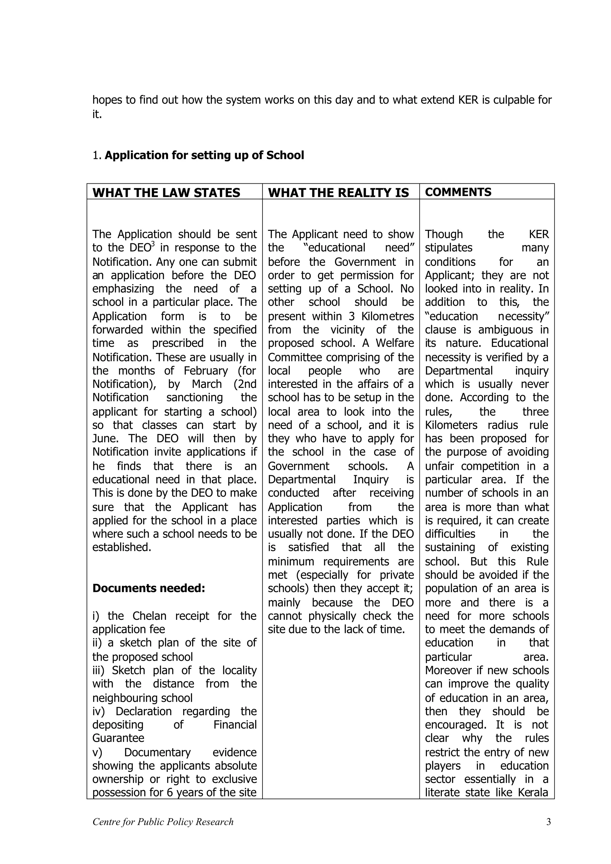 hopes to find out how the system works on this day and to what extend KER is culpable for
it.


1. Application for setting up of School


WHAT THE LAW STATES                   WHAT THE REALITY IS                COMMENTS


The Application should be sent        The Applicant need to show         Though         the       KER
to the DEO3 in response to the        the     “educational     need”     stipulates              many
Notification. Any one can submit      before the Government in           conditions        for      an
an application before the DEO         order to get permission for        Applicant; they are not
emphasizing the need of a             setting up of a School. No         looked into in reality. In
school in a particular place. The     other school should be             addition to this, the
Application form is to be             present within 3 Kilometres        “education       necessity”
forwarded within the specified        from the vicinity of the           clause is ambiguous in
time as prescribed in the             proposed school. A Welfare         its nature. Educational
Notification. These are usually in    Committee comprising of the        necessity is verified by a
the months of February (for           local    people    who     are     Departmental          inquiry
Notification), by March (2nd          interested in the affairs of a     which is usually never
Notification    sanctioning    the    school has to be setup in the      done. According to the
applicant for starting a school)      local area to look into the        rules,       the        three
so that classes can start by          need of a school, and it is        Kilometers radius rule
June. The DEO will then by            they who have to apply for         has been proposed for
Notification invite applications if   the school in the case of          the purpose of avoiding
he finds that there is an             Government       schools.     A    unfair competition in a
educational need in that place.       Departmental      Inquiry     is   particular area. If the
This is done by the DEO to make       conducted after receiving          number of schools in an
sure that the Applicant has           Application      from      the     area is more than what
applied for the school in a place     interested parties which is        is required, it can create
where such a school needs to be       usually not done. If the DEO       difficulties      in      the
established.                          is satisfied that all the          sustaining of existing
                                      minimum requirements are           school. But this Rule
                                      met (especially for private        should be avoided if the
Documents needed:                     schools) then they accept it;      population of an area is
                                      mainly because the DEO             more and there is a
i) the Chelan receipt for the         cannot physically check the        need for more schools
application fee                       site due to the lack of time.      to meet the demands of
ii) a sketch plan of the site of                                         education        in      that
the proposed school                                                      particular              area.
iii) Sketch plan of the locality                                         Moreover if new schools
with the distance from the                                               can improve the quality
neighbouring school                                                      of education in an area,
iv) Declaration regarding the                                            then they should be
depositing      of      Financial                                        encouraged. It is not
Guarantee                                                                clear why the rules
v)     Documentary      evidence                                         restrict the entry of new
showing the applicants absolute                                          players in education
ownership or right to exclusive                                          sector essentially in a
possession for 6 years of the site                                       literate state like Kerala

Centre for Public Policy Research                                                                    3
 