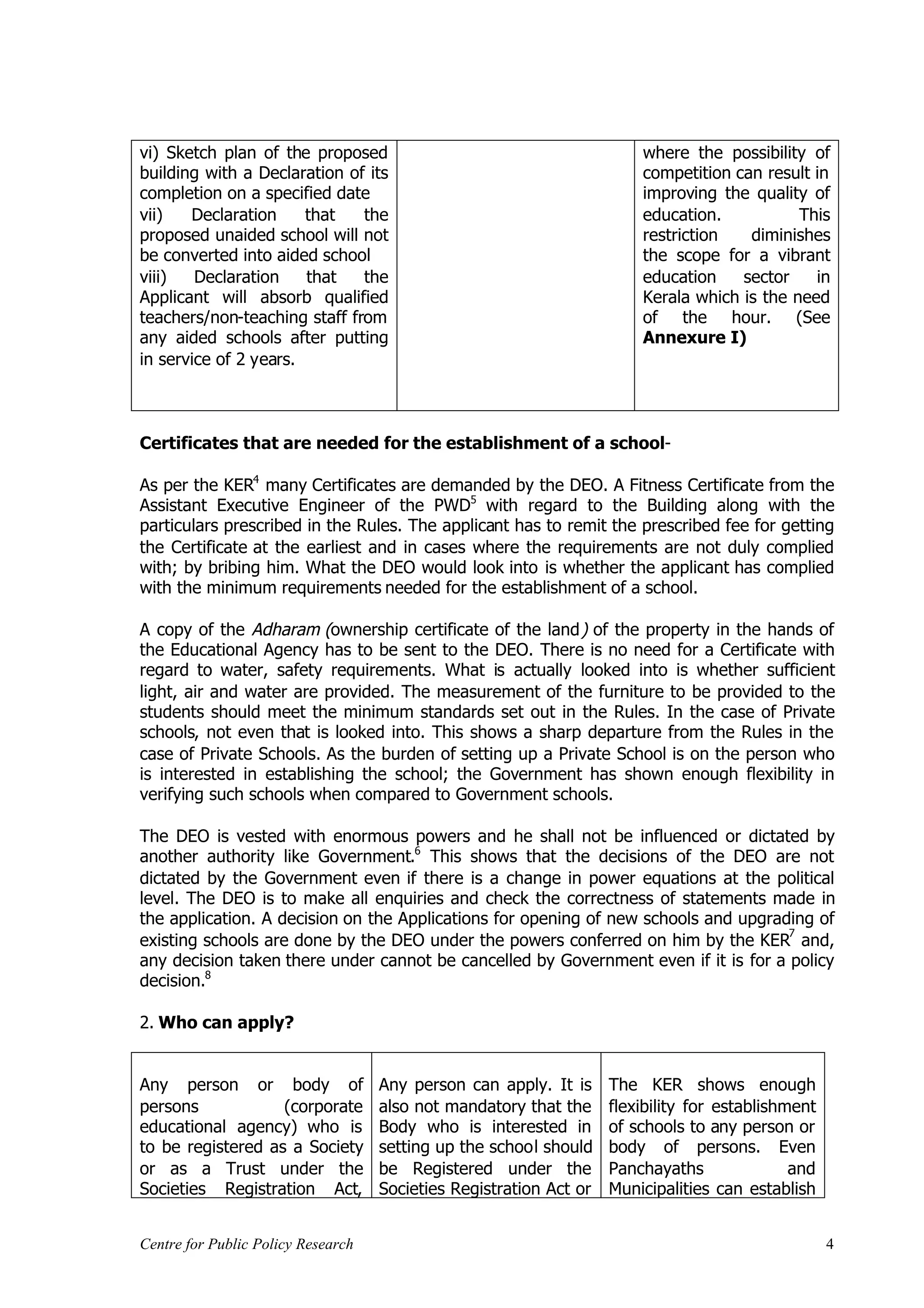 vi) Sketch plan of the proposed                                         where the possibility of
building with a Declaration of its                                      competition can result in
completion on a specified date                                          improving the quality of
vii)   Declaration     that   the                                       education.           This
proposed unaided school will not                                        restriction   diminishes
be converted into aided school                                          the scope for a vibrant
viii)   Declaration    that   the                                       education    sector    in
Applicant will absorb qualified                                         Kerala which is the need
teachers/non-teaching staff from                                        of the hour. (See
any aided schools after putting                                         Annexure I)
in service of 2 years.



Certificates that are needed for the establishment of a school-

As per the KER4 many Certificates are demanded by the DEO. A Fitness Certificate from the
Assistant Executive Engineer of the PWD5 with regard to the Building along with the
particulars prescribed in the Rules. The applicant has to remit the prescribed fee for getting
the Certificate at the earliest and in cases where the requirements are not duly complied
with; by bribing him. What the DEO would look into is whether the applicant has complied
with the minimum requirements needed for the establishment of a school.

A copy of the Adharam (ownership certificate of the land ) of the property in the hands of
the Educational Agency has to be sent to the DEO. There is no need for a Certificate with
regard to water, safety requirements. What is actually looked into is whether sufficient
light, air and water are provided. The measurement of the furniture to be provided to the
students should meet the minimum standards set out in the Rules. In the case of Private
schools, not even that is looked into. This shows a sharp departure from the Rules in the
case of Private Schools. As the burden of setting up a Private School is on the person who
is interested in establishing the school; the Government has shown enough flexibility in
verifying such schools when compared to Government schools.

The DEO is vested with enormous powers and he shall not be influenced or dictated by
another authority like Government.6 This shows that the decisions of the DEO are not
dictated by the Government even if there is a change in power equations at the political
level. The DEO is to make all enquiries and check the correctness of statements made in
the application. A decision on the Applications for opening of new schools and upgrading of
                                                                                     7
existing schools are done by the DEO under the powers conferred on him by the KER and,
any decision taken there under cannot be cancelled by Government even if it is for a policy
decision.8

2. Who can apply?


Any person or body of               Any person can apply. It is     The KER shows enough
persons            (corporate       also not mandatory that the     flexibility for establishment
educational agency) who is          Body who is interested in       of schools to any person or
to be registered as a Society       setting up the school should    body of persons. Even
or as a Trust under the             be Registered under the         Panchayaths               and
Societies Registration Act,         Societies Registration Act or   Municipalities can establish


Centre for Public Policy Research                                                                   4
 