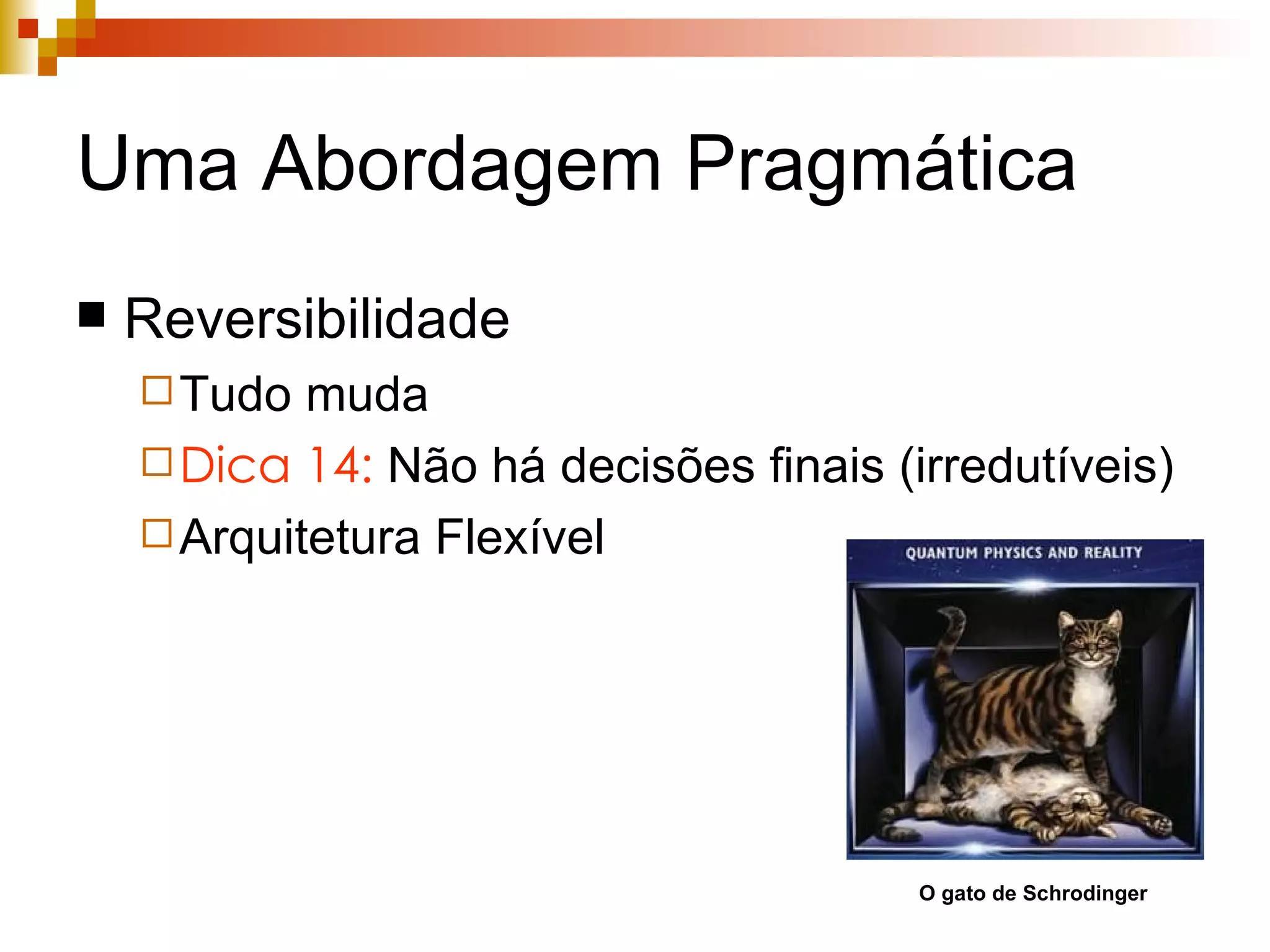 Uma Abordagem Pragmática Reversibilidade Tudo muda Dica 14:  Não há decisões finais (irredutíveis) Arquitetura Flexível O gato de Schrodinger 