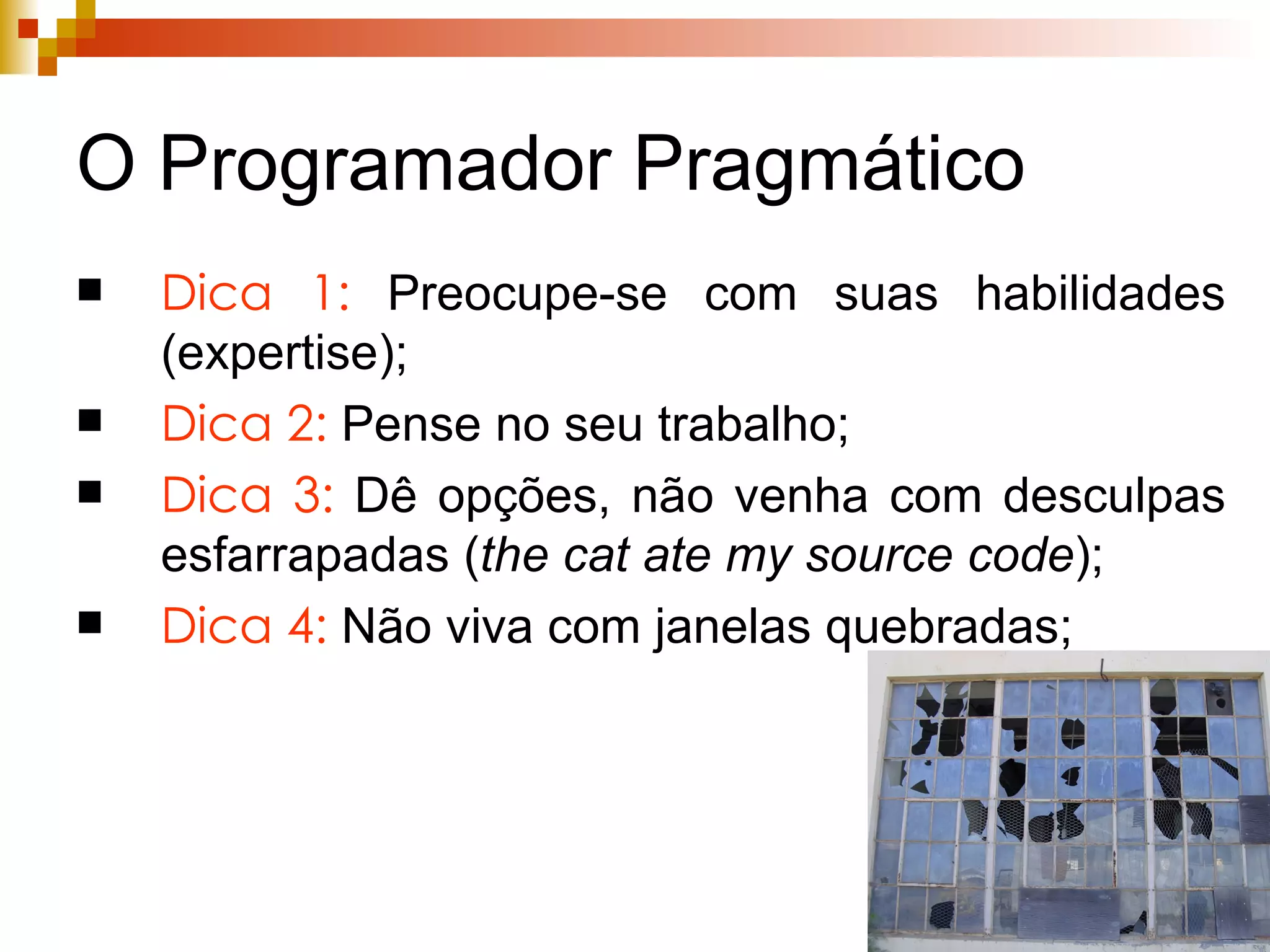 O Programador Pragmático Dica 1:  Preocupe-se com suas habilidades (expertise); Dica 2:  Pense no seu trabalho; Dica 3:  Dê opções, não venha com desculpas esfarrapadas ( the cat ate my source code ); Dica 4:  Não viva com janelas quebradas; 