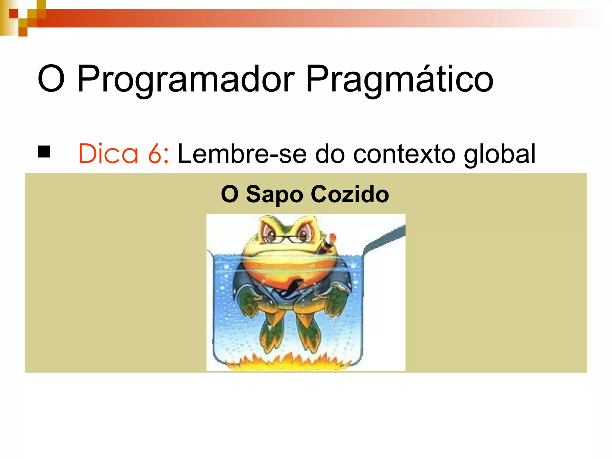 O Programador Pragmático Dica 6:  Lembre-se do contexto global O Sapo Cozido 