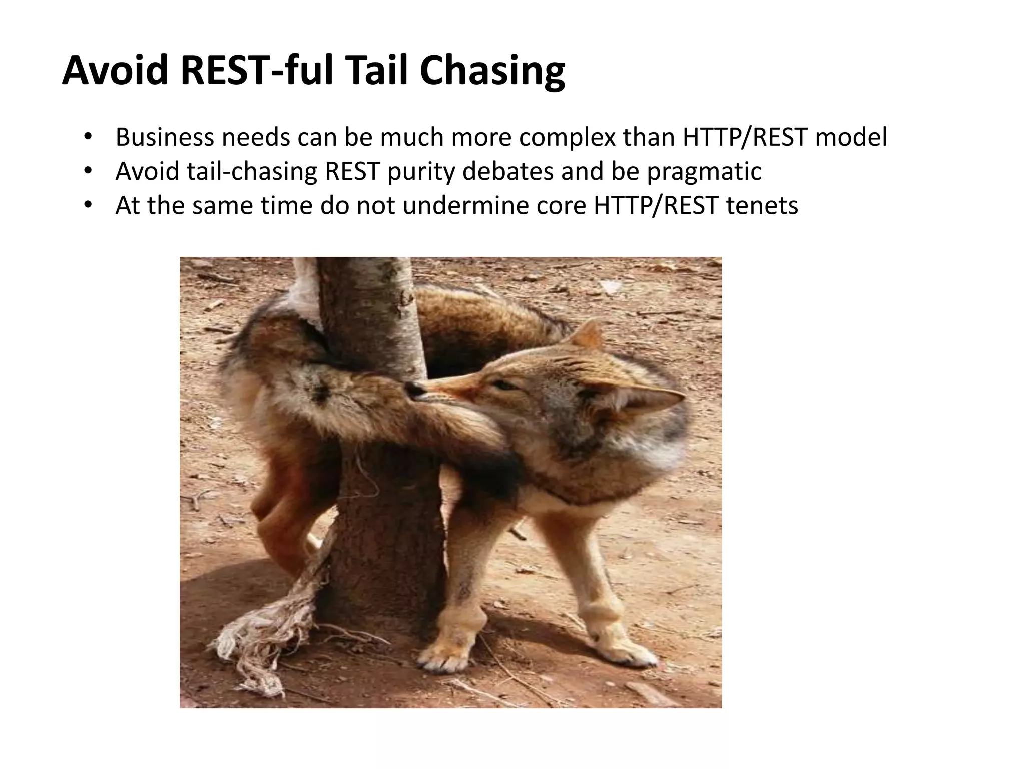 Avoid REST-ful Tail Chasing
• Business needs can be much more complex than HTTP/REST model
• Avoid tail-chasing REST purity debates and be pragmatic
• At the same time do not undermine core HTTP/REST tenets
 