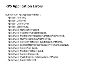 RPS Application Errors
public enum RpsApplicationError {
RpsDao_PutError,
RpsDao_GetError,
RpsDao_DeleteError,
RpsDao_ServerBusy,
RpsService_NoValidKeyPassed,
RpsService_PubIdForPubUserMissing,
RpsService_MultipleKeyValuesForSameKeyNotAllowed,
RpsService_NullValuesForKeyNotAllowed,
RpsService_ProviderPrefixNotFoundInSegmentName,
RpsService_SegmentNamePostProviderPrefixCannotBeNull,
RpsService_ProfileNotFound,
RpsService_MultipleProfilesFound,
RpsService_ProfileIdRequired,
RpsService_InvalidProviderCodeInSegmentName,
RpsService_ProfileDifferent
}
 