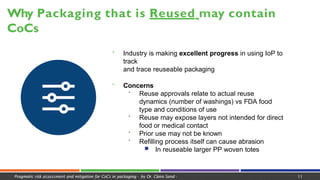Why Packaging that is Reused may contain
CoCs
 Industry is making excellent progress in using IoP to
track
and trace reuseable packaging
 Concerns
 Reuse approvals relate to actual reuse
dynamics (number of washings) vs FDA food
type and conditions of use
 Reuse may expose layers not intended for direct
food or medical contact
 Prior use may not be known
 Refilling process itself can cause abrasion
■ In reuseable larger PP woven totes
Pragmatic risk assessment and mitigation for CoCs in packaging - by Dr. Claire Sand - 11
 