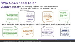 Why CoCs need to be
Addressed
Food Brands and packaging suppliers need assurance that their
packaging does not harm food, consumers and the
environment
Pragmatic risk assessment and mitigation for CoCs in packaging - by Dr. Claire Sand - 14
 