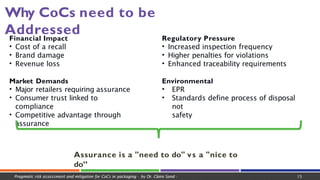 Financial Impact
• Cost of a recall
• Brand damage
• Revenue loss
Market Demands
• Major retailers requiring assurance
• Consumer trust linked to
compliance
• Competitive advantage through
assurance
Regulatory Pressure
• Increased inspection frequency
• Higher penalties for violations
• Enhanced traceability requirements
Environmental
• EPR
• Standards define process of disposal
not
safety
Assurance is a "need to do" vs a "nice to
do”
Why CoCs need to be
Addressed
Pragmatic risk assessment and mitigation for CoCs in packaging - by Dr. Claire Sand - 15
 