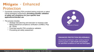 Mitigate - Enhanced
Protection
Chemicals of Concern
ENHANCED PROTECTION DELIVERABLE:
Documented certification within existing internal
tracking system on test results and analysis
for specified conditions of use and food types
27
Pragmatic risk assessment and mitigation for CoCs in packaging - by Dr. Claire Sand -
• Coordinate conducting FDA-compliant testing protocols on select
critical packaging components, providing scientific validation
of safety and compliance for your specific food
applications/intended use
• The process includes:
• Strategic test planning and execution to minimize costs
• Multi-jurisdictional compliance verification (CONEG, Prop
65, TSCA)
• Food-type specific FDA compliance validation
• Processing aid safety assessment
 