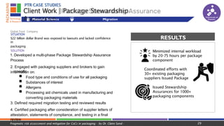 SITUATION
$22 billion dollar Brand was exposed to lawsuits and lacked confidence
in
packaging
SOLUTION
1. Developed a multi-phase Package Stewardship Assurance
Process
2. Engaged with packaging suppliers and brokers to gain
specific
information on:
 Food type and conditions of use for all packaging
 Substances of interest
 Allergens
 Processing aid chemicals used in manufacturing and
converting packaging materials
3. Defined required migration testing and reviewed results
4. Certified packaging after consideration of supplier letters of
attestation, statements of compliance, and testing in a final
review
Client Work | Package Stewardship
Assurance
PTR CASE STUDIES
Minimized internal workload
by 20-75 hours per package
component
Coordinated efforts with
30+ existing packaging
suppliers Issued Package
Issued Stewardship
Assurances for 1000+
packaging components
RESULTS
Chemicals of
Concern
Material Science Migration
Complexities
Global Food Company
29
Pragmatic risk assessment and mitigation for CoCs in packaging - by Dr. Claire Sand -
 