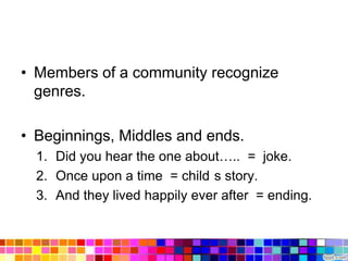 • Members of a community recognize
  genres.

• Beginnings, Middles and ends.
  1. Did you hear the one about….. = joke.
  2. Once upon a time = child s story.
  3. And they lived happily ever after = ending.
 