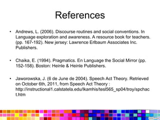 References
• Andrews, L. (2006). Discourse routines and social conventions. In
  Language exploration and awareness. A resource book for teachers.
  (pp. 167-192). New jersey: Lawrence Erlbaum Associates Inc.
  Publishers.

• Chaika, E. (1994). Pragmatics. En Language the Social Mirror (pp.
  152-158). Boston: Heinle & Heinle Publishers.

• Jaworowska, J. (6 de June de 2004). Speech Act Theory. Retrieved
  on October 6th, 2011, from Speech Act Theory :
  http://instructional1.calstatela.edu/lkamhis/tesl565_sp04/troy/spchac
  t.htm
 