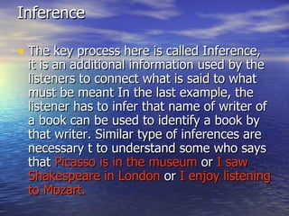 Inference  The key process here is called Inference, it is an additional information used by the listeners to connect what is said to what must be meant In the last example, the listener has to infer that name of writer of a book can be used to identify a book by that writer. Similar type of inferences are necessary t to understand some who says that  Picasso is in the museum  or  I saw Shakespeare in London  or  I enjoy listening to Mozart. 