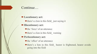Continue…
Locutionary act:
there’s a lion in this field_ just saying it
Illocutionary act:
the ‘force’ of an utterance
there’s a lion in this field_ warning
Perlocutionary act:
the ‘effect’ of an utterance
there’s a lion in this field_ hearer is frightened, hearer avoids
going into the field
 