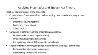 Applying Pragmatics and Speech Act Theory
Practical applications of these concepts:
• Cross-cultural Communication: Understanding how speech acts vary across
cultures
• Directness vs. indirectness
• Politeness conventions
• Taboo topics
• Language Teaching: Teaching pragmatic competence
• How to make requests appropriately
• Understanding implied meanings
• Recognizing cultural differences in speech acts
• Legal Contexts: Analyzing language in courtrooms and legal documents
• Performative utterances in contracts
• Interpreting threats and promises
 