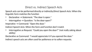 Direct vs. Indirect Speech Acts
Speech acts can be performed directly or indirectly:Direct Speech Acts: When the
linguistic form matches the function
• Declarative → Statement: "The door is open."
• Interrogative → Question: "Is the door open?"
Imperative → Command: "Open the door."
Indirect Speech Acts: When the form and function don't match
• Interrogative as Request: "Could you open the door?" (not really asking about
ability)
Declarative as Command: "I would appreciate it if you opened the door."
Indirect speech acts are often used for politeness or to soften requests.
 