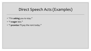 Direct Speech Acts (Examples)
• “I’m asking you to stay.”
• “I wager $60.”
• “I promise I’ll pay the rent today.”
 