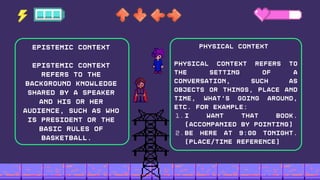 I want that book.
(accompanied by pointing)
Be here at 9:00 tonight.
(place/time reference)
physical context
Physical context refers to
the setting of a
conversation, such as
objects or things, place and
time, what's going around,
etc. for example:
1.
2.
Epistemic Context
Epistemic context
refers to the
background knowledge
shared by a speaker
and his or her
audience, such as who
is president or the
basic rules of
basketball.
 