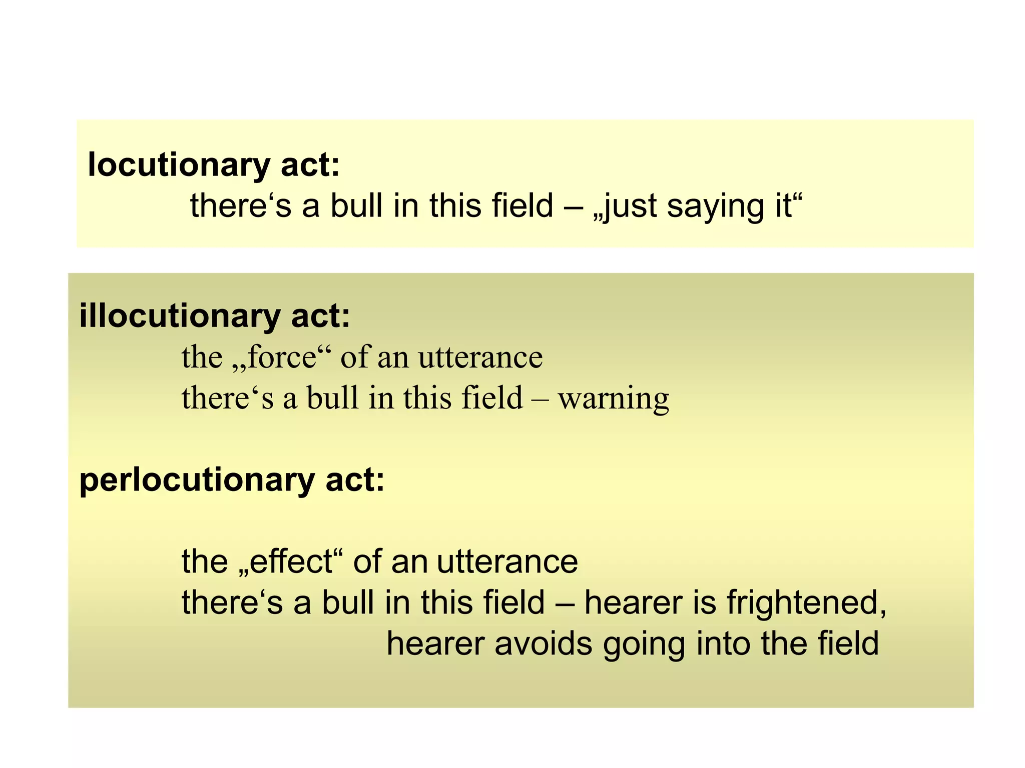 locutionary act:
there‘s a bull in this field – „just saying it“
illocutionary act:
the „force“ of an utterance
there‘s a bull in this field – warning
perlocutionary act:
the „effect“ of an utterance
there‘s a bull in this field – hearer is frightened,
hearer avoids going into the field
 