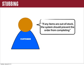 STUBBING
CUSTOMER
“If any items are out-of-stock,
the system should prevent the
order from completing”
Sunday, January 22, 12
 