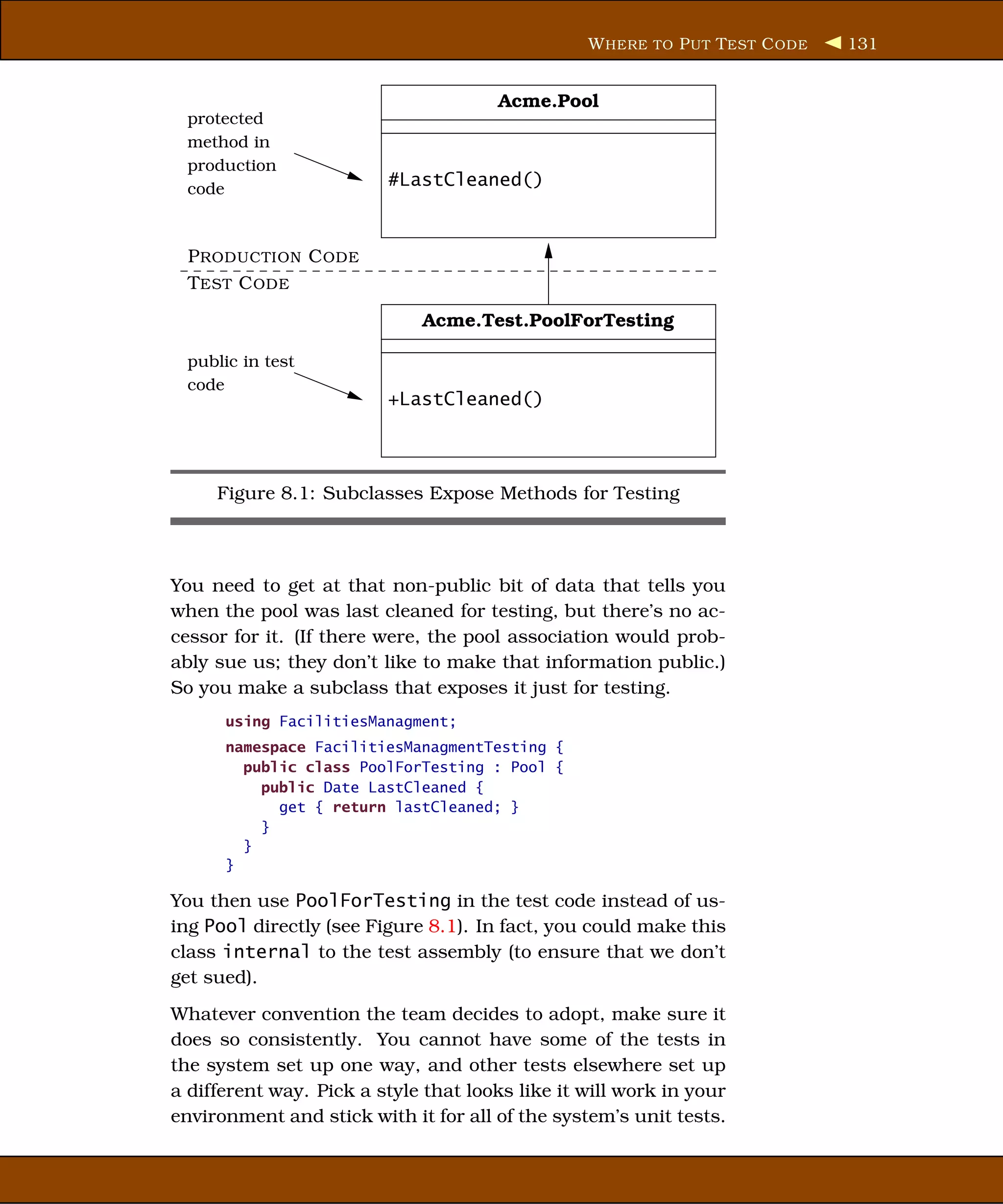 W HERE TO P UT T EST C ODE   131


                                      Acme.Pool
 protected
 method in
 production
 code
                         #LastCleaned()



  P RODUCTION C ODE
  T EST C ODE

                             Acme.Test.PoolForTesting

 public in test
 code
                         +LastCleaned()




     Figure 8.1: Subclasses Expose Methods for Testing



You need to get at that non-public bit of data that tells you
when the pool was last cleaned for testing, but there’s no ac-
cessor for it. (If there were, the pool association would prob-
ably sue us; they don’t like to make that information public.)
So you make a subclass that exposes it just for testing.
      using FacilitiesManagment;
      namespace FacilitiesManagmentTesting {
        public class PoolForTesting : Pool {
          public Date LastCleaned {
            get { return lastCleaned; }
          }
        }
      }

You then use PoolForTesting in the test code instead of us-
ing Pool directly (see Figure 8.1). In fact, you could make this
class internal to the test assembly (to ensure that we don’t
get sued).
Whatever convention the team decides to adopt, make sure it
does so consistently. You cannot have some of the tests in
the system set up one way, and other tests elsewhere set up
a different way. Pick a style that looks like it will work in your
environment and stick with it for all of the system’s unit tests.
 
