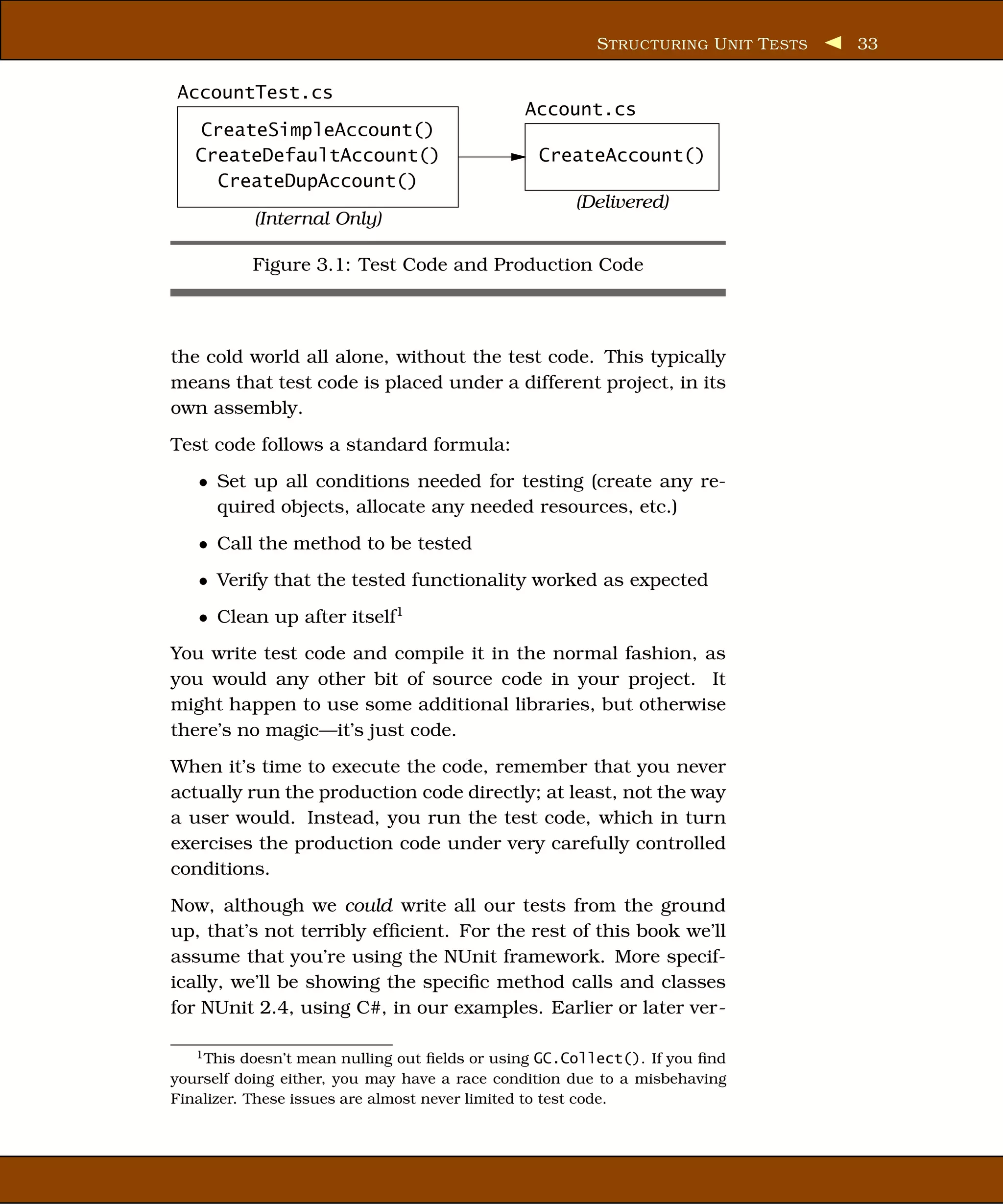 S TRUCTURING U NIT T ESTS   33

AccountTest.cs
                                               Account.cs
    CreateSimpleAccount()
   CreateDefaultAccount()                        CreateAccount()
      CreateDupAccount()
                                                     (Delivered)
           (Internal Only)

          Figure 3.1: Test Code and Production Code



the cold world all alone, without the test code. This typically
means that test code is placed under a different project, in its
own assembly.
Test code follows a standard formula:
   • Set up all conditions needed for testing (create any re-
     quired objects, allocate any needed resources, etc.)
   • Call the method to be tested
   • Verify that the tested functionality worked as expected
   • Clean up after itself1
You write test code and compile it in the normal fashion, as
you would any other bit of source code in your project. It
might happen to use some additional libraries, but otherwise
there’s no magic—it’s just code.
When it’s time to execute the code, remember that you never
actually run the production code directly; at least, not the way
a user would. Instead, you run the test code, which in turn
exercises the production code under very carefully controlled
conditions.
Now, although we could write all our tests from the ground
up, that’s not terribly efﬁcient. For the rest of this book we’ll
assume that you’re using the NUnit framework. More specif-
ically, we’ll be showing the speciﬁc method calls and classes
for NUnit 2.4, using C#, in our examples. Earlier or later ver-

   1 This doesn’t mean nulling out ﬁelds or using GC.Collect(). If you ﬁnd

yourself doing either, you may have a race condition due to a misbehaving
Finalizer. These issues are almost never limited to test code.
 