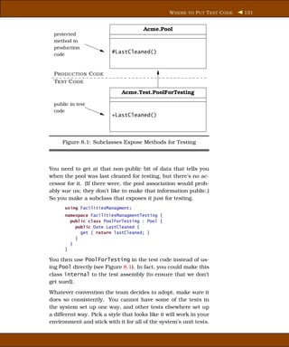 W HERE TO P UT T EST C ODE   131


                                      Acme.Pool
 protected
 method in
 production
 code
                         #LastCleaned()



  P RODUCTION C ODE
  T EST C ODE

                             Acme.Test.PoolForTesting

 public in test
 code
                         +LastCleaned()




     Figure 8.1: Subclasses Expose Methods for Testing



You need to get at that non-public bit of data that tells you
when the pool was last cleaned for testing, but there’s no ac-
cessor for it. (If there were, the pool association would prob-
ably sue us; they don’t like to make that information public.)
So you make a subclass that exposes it just for testing.
      using FacilitiesManagment;
      namespace FacilitiesManagmentTesting {
        public class PoolForTesting : Pool {
          public Date LastCleaned {
            get { return lastCleaned; }
          }
        }
      }

You then use PoolForTesting in the test code instead of us-
ing Pool directly (see Figure 8.1). In fact, you could make this
class internal to the test assembly (to ensure that we don’t
get sued).
Whatever convention the team decides to adopt, make sure it
does so consistently. You cannot have some of the tests in
the system set up one way, and other tests elsewhere set up
a different way. Pick a style that looks like it will work in your
environment and stick with it for all of the system’s unit tests.
 