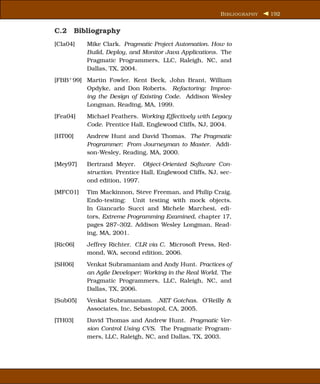 B IBLIOGRAPHY   192


C.2 Bibliography
[Cla04]   Mike Clark. Pragmatic Project Automation. How to
          Build, Deploy, and Monitor Java Applications. The
          Pragmatic Programmers, LLC, Raleigh, NC, and
          Dallas, TX, 2004.
[FBB+ 99] Martin Fowler, Kent Beck, John Brant, William
          Opdyke, and Don Roberts. Refactoring: Improv-
          ing the Design of Existing Code. Addison Wesley
          Longman, Reading, MA, 1999.
[Fea04]   Michael Feathers. Working Effectively with Legacy
          Code. Prentice Hall, Englewood Cliffs, NJ, 2004.
[HT00]    Andrew Hunt and David Thomas. The Pragmatic
          Programmer: From Journeyman to Master. Addi-
          son-Wesley, Reading, MA, 2000.
[Mey97]   Bertrand Meyer. Object-Oriented Software Con-
          struction. Prentice Hall, Englewood Cliffs, NJ, sec-
          ond edition, 1997.
[MFC01]   Tim Mackinnon, Steve Freeman, and Philip Craig.
          Endo-testing: Unit testing with mock objects.
          In Giancarlo Succi and Michele Marchesi, edi-
          tors, Extreme Programming Examined, chapter 17,
          pages 287–302. Addison Wesley Longman, Read-
          ing, MA, 2001.
[Ric06]   Jeffrey Richter. CLR via C. Microsoft Press, Red-
          mond, WA, second edition, 2006.
[SH06]    Venkat Subramaniam and Andy Hunt. Practices of
          an Agile Developer: Working in the Real World. The
          Pragmatic Programmers, LLC, Raleigh, NC, and
          Dallas, TX, 2006.
[Sub05]   Venkat Subramaniam. .NET Gotchas. O’Reilly &
          Associates, Inc, Sebastopol, CA, 2005.
[TH03]    David Thomas and Andrew Hunt. Pragmatic Ver-
          sion Control Using CVS. The Pragmatic Program-
          mers, LLC, Raleigh, NC, and Dallas, TX, 2003.
 