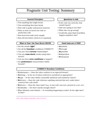 Pragmatic Unit Testing: Summary

                General Principles:                           Questions to Ask:

2 Test anything that might break                      2 If the code ran correctly, how
2 Test everything that does break                       would I know?
2 New code is guilty until proven innocent            2 How am I going to test this?
2 Write at least as much test code as                 2 What else can go wrong?
  production code                                     2 Could this same kind of problem
2 Run local tests with each compile                     happen anywhere else?
2 Run all tests before check-in to repository


    What to Test: Use Your R IGHT -BICEP                   Good tests are A TRIP
2 Are the results right?                              2 Automatic
2 Are all the boundary conditions CORRECT?            2 Thorough
2 Can you check inverse relationships?                2 Repeatable
2 Can you cross-check results using other             2 Independent
  means?                                              2 Professional
2 Can you force error conditions to happen?
2 Are performance characteristics within
  bounds?


                               CORRECT Boundary Conditions

2 Conformance — Does the value conform to an expected format?
2 Ordering — Is the set of values ordered or unordered as appropriate?
2 Range — Is the value within reasonable minimum and maximum values?
2 Reference — Does the code reference anything external that isn’t under direct
  control of the code itself?
2 Existence — Does the value exist? (e.g., is non-null, non-zero, present in a set, etc.)
2 Cardinality — Are there exactly enough values?
2 Time (absolute and relative) — Is everything happening in order? At the right time?
  In time?


http://www.pragmaticprogrammer.com/titles/utc2
 