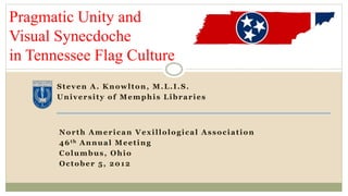 Pragmatic Unity and 
Visual Synecdoche 
in Tennessee Flag Culture 
Steven A. Knowl ton, M.L. I .S. 
Universi ty of Memphis Libraries 
North American Vexi l lological Associat ion 
46th Annual Meet ing 
Columbus, Ohio 
October 5, 2012 
 