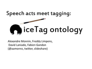 Speech acts meet tagging:

           iceTag ontology
Alexandre Monnin, Freddy Limpens,
 David Laniado, Fabien Gandon
(@aamonnz, twitter, slideshare)
 