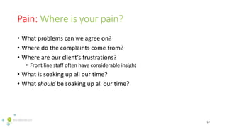 Pain: Where is your pain?
• What problems can we agree on?
• Where do the complaints come from?
• Where are our client’s f...