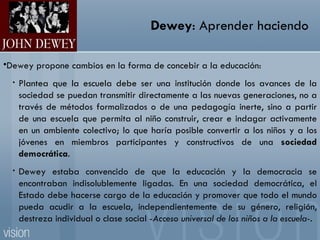 Dewey : Aprender haciendo Dewey propone cambios en la forma de concebir a la educación: Plantea que la escuela debe ser una institución donde los avances de la sociedad se puedan transmitir directamente a las nuevas generaciones, no a través de métodos formalizados o de una pedagogía inerte, sino a partir de una escuela que permita al niño construir, crear e indagar activamente en un ambiente colectivo; lo que haría posible convertir a los niños y a los jóvenes en miembros participantes y constructivos de una  sociedad democrática . Dewey estaba convencido de que la educación y la democracia se encontraban indisolublemente ligadas. En una sociedad democrática, el Estado debe hacerse cargo de la educación y promover que todo el mundo pueda acudir a la escuela, independientemente de su género, religión, destreza individual o clase social - Acceso universal de los niños a la escuela- . 