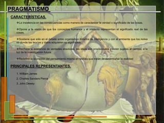 PRAGMATISMO
La insistencia en las consecuencias como manera de caracterizar la verdad o significado de las cosas.
Opone a la visión de que los conceptos humanos y el intelecto representan el significado real de las
cosas.
Sostiene que sólo en el debate entre organismos dotados de inteligencia y con el ambiente que los rodea
es donde las teorías y datos adquieren su significado.
Rechaza la existencia de verdades absolutas, las ideas son provisionales y están sujetas al cambio, a la
luz de la investigación futura.
Redefinir la expresión del pensamiento mismo en teorías que tratan de desentrañar la realidad
CARACTERÍSTICAS.
PRINCIPALES REPRESENTANTES.
1. William James
2. Charles Sanders Pierce
3. John Dewey
 