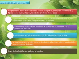 Principios de Pragmatismo…
Desprenderse de las primeras cosas, causas, categorías, principios, substancias, y
fijarse en los frutos, efectos, resultados prácticos de las ideas.
El pensamiento no tiene por finalidad conocer las verdades metafísicas, sino
orientarnos, ajustarnos prósperamente a la realidad.
El conocer y el pensar son funciones al servicio de la conservación y
promoción de la vida
Pensamiento es verdadero cuando es útil y fomentador de la vida.
La vida humana es el valor cimero, siendo todos los otros valores medíos útiles
para el fomento de la vida.
la verdad es lo útil y conveniente al hombre
 