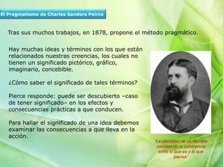 El Pragmatismo de Charles Sanders Peirce
Tras sus muchos trabajos, en 1878, propone el método pragmático.
Hay muchas ideas y términos con los que están
relacionados nuestras creencias, los cuales no
tienen un significado pictórico, gráfico,
imaginario, concebible.
¿Cómo saber el significado de tales términos?
Pierce responde: puede ser descubierto –caso
de tener significado– en los efectos y
consecuencias prácticas a que conducen.
Para hallar el significado de una idea debemos
examinar las consecuencias a que lleva en la
acción.
“La identidad de un hombre
consiste en la coherencia
entre lo que es y lo que
piensa”
 