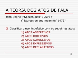 13
A TEORIA DOS ATOS DE FALA
John Searle (“Speech acts” 1969) e
(“Expression and meaning” 1979)
 Classifica o uso linguístico com os seguintes atos:
1) ATOS ASSERTIVOS
2) ATOS DIRETIVOS
3) ATOS COMISSIVOS
4) ATOS EXPRESSIVOS
5) ATOS DECLARATIVOS
 