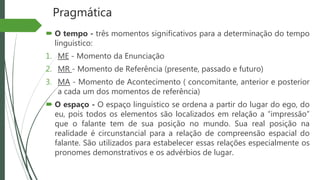 Pragmática
 O tempo - três momentos significativos para a determinação do tempo
linguístico:
1. ME - Momento da Enunciação
2. MR - Momento de Referência (presente, passado e futuro)
3. MA - Momento de Acontecimento ( concomitante, anterior e posterior
a cada um dos momentos de referência)
 O espaço - O espaço linguístico se ordena a partir do lugar do ego, do
eu, pois todos os elementos são localizados em relação a “impressão”
que o falante tem de sua posição no mundo. Sua real posição na
realidade é circunstancial para a relação de compreensão espacial do
falante. São utilizados para estabelecer essas relações especialmente os
pronomes demonstrativos e os advérbios de lugar.
 