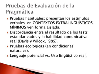  Pruebas habituales: presentan los estímulos
verbales en CONTEXTOS EXTRALINGÜÍSTICOS
MÍNIMOS yen forma aislada.
 Discordancia entre el resultado de los tests
estandarizados y la habilidad comunicativa
real (Davis y Wilcox,1985).
 Pruebas ecológicas (en condiciones
naturales).
 Lenguaje potencial vs. Uso lingüistico real.
 