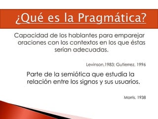 Capacidad de los hablantes para emparejar
oraciones con los contextos en los que éstas
serían adecuadas.
Levinson,1983; Gutierrez, 1996
Parte de la semiótica que estudia la
relación entre los signos y sus usuarios.
Morris, 1938
 