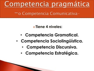  Tiene 4 niveles:
• Competencia Gramatical.
• Competencia Sociolingüística.
• Competencia Discursiva.
• Competencia Estratégica.
 